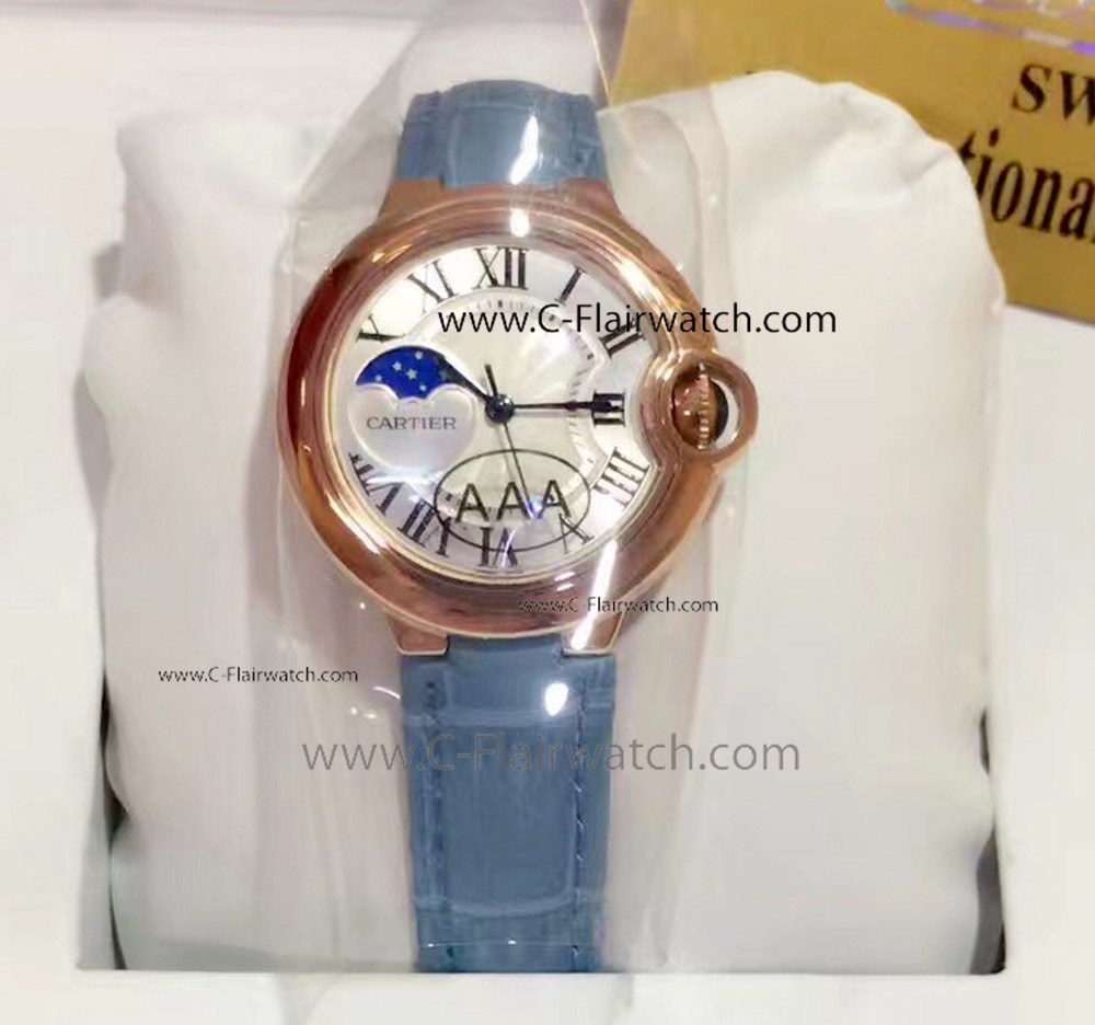 Cartier Ballon Bleu Moon 33mm Watch Blue Leather Strap